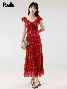 puella | French Stylish Wooden Ear Design V-Neck Tie-Up Slimming Flora Pattern Maxi Dress