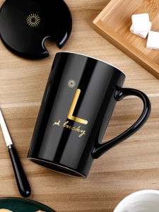 BOJINGLIPIN | Creative Stylish Ceramic Mug with Lid and Spoon Large Capacity for Couples