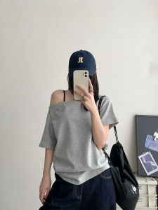Slimming Two-Way Wear Shoulder Bared Short Sleeve T-Shirt Loose Fit Womens Commute Style Regular Length Pure Color Other Material