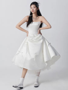 ชุดแต่งงานผ้าซาตินคอฮอลเตอร์สไตล์เกาหลี 2025 ชุดราตรียาวเอวกลาง กระโปรงทรงเอ ผ้าฝ้ายโพลีเอสเตอร์ ชุดแต่งงานแบบจีน