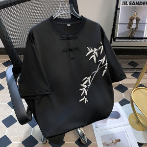 Loose Fit round Neck Short Sleeve T-Shirt Embroidered Bamboo Design Summer Casual Wear for Men Youth Fashion Basic Style
