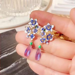 Huitan New Design Blue Morning Glory Earrings for Women Luxury Gold Color Bride Wedding Party Romantic Flower Earrings Jewelry