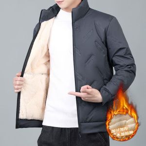 Mens down Cotton Jacket Quilted Fleece Lined Stand Collar Outdoor Windproof Waterproof Coat Thickened Long Sleeve Zipper