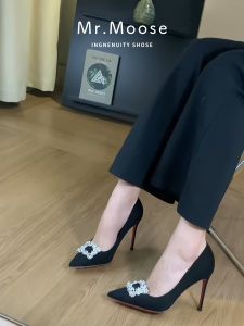 Black Velvet High Heels Womens Fashionable Pointed Toe Slip-On Commute 2025 New Style Beautiful Buckle Rhinestone Thin Heel