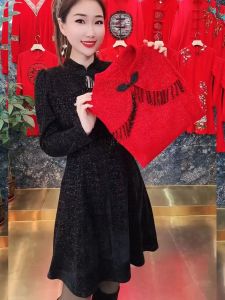 Red High Waist A-Line Qipao Dress Tassel Trim Elegant Autumn Fashion Retro Style Long Sleeve Flag Collar Chinese Zodiac Year