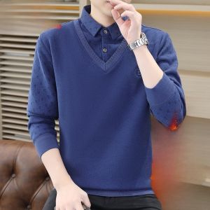 HENGYUANXIANG | Hengyuanxiang Mens Thickened Plush Knitted Sweater Casual Fashion Print Loose Fit Long Sleeve Autumn Winter New Style Shirt Collar