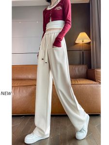 YAMIANNV | Spring Autumn Womens Casual Pants Drapey Knitted Straight Leg Wide Leg Loose High Waist Slimming Banana Pants