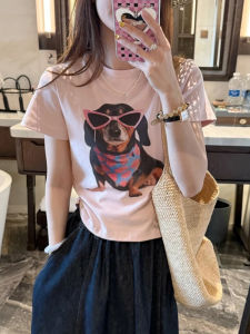 Áo Thun Tay Ngắn in Hình Chó Màu Hồng Cho Nữ Mùa Hè Phong Cách Hàn Quốc Thời Trang Ngắn Độc Đáo Đẹp Mắt