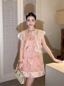 AXU | Lace Applique New Chinese Style Sweet Pink Mandarin Collar改良汉服上衣应改为 Mandarin Collar改良Hanfu Blouse