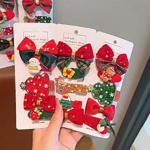5Pcs/set Red & Green Christmas Hair Clip Set: Cookie Santa Claus New Year Party Girl Hair Accessories