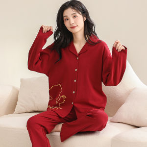 Plandoo Womens Pure Cotton Long Sleeve Sleepwear Set Autumn Winter Home Clothes Red Lucky Year Print Long Pants Comfortable