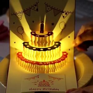 3D Cake Birthday Card with Music and Light Hand Engraved Blessing Card 3D Greeting Card Happy Birthday Card with Envelope Friends Gift