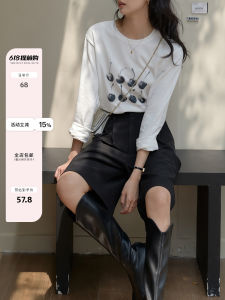 LILI EDIT Black Cherry Print Long Sleeve round Neck T-Shirt Womens Summer New Simple Matchable Cotton Casual Top