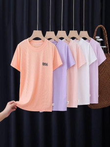 Girls Short Sleeve T-Shirt Ice Silk Thin Half Sleeve Summer Fashion Trend Stripe round Neck Toddler Kids Upper Apparel Clothing