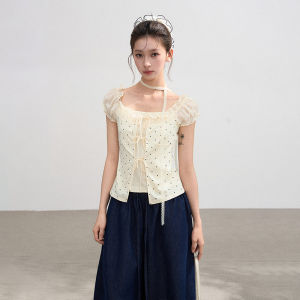 BAIDAIFEI | Áo Thun Tay Ngắn Dots Lace Patchwork Giả Hai Mảnh Ôm Dáng Nâng Vòng eo