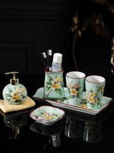 อเมริกันเซรามิคห้องน้ําชุดห้าชิ้นอุปกรณ์อาบน้ําโรงแรมคู่ห้องน้ําชุดถาดแปรงสีฟันและน้ํายาบ้วนปากถ้วยรวม