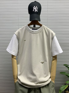 Mens round Neck Overhead Hole Pure Color Cotton Sleeveless Vest Summer New Casual Loose Trendy Brand Versatile Shoulder Pad