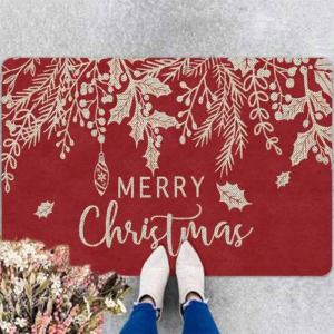 VIKAMA Merry Christmas Entrance Mat Red Xmas Tree Wreath Pattern Anti‑Slip Floor Mat For Doorway Hallway Home Decor