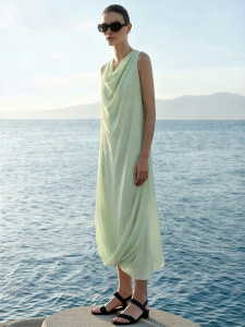 AMII | Summer New Elegant Office Lady Draping Collar Sleeveless Loose Split Long Dress
