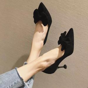 รองเท้าส้นสูงสีดำสำหรับผู้หญิง ทรงหัวแหลม ดีไซน์ผูกโบว์ ทรงหัวมน ส้นกลาง รองเท้าแฟชั่นแบบสวม รองเท้าส้นเดี่ยว