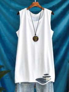 Womens Loose Fit Cotton Tank Top White Sleeveless Vest Spring Autumn Base Layer Shirt Hole Design Fashionable Commute Style