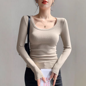 Black Square Collar Thin Womens Base Shirt Autumn Winter Arc Hem Design Sensation Inner Low U Neck Top Polyester Fiber