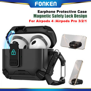 FONKEN Magnetic Security Lock Earphone Protective Case For Airpods 4 Airpods Pro /3/2/1 With Phone Stand