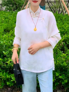 QINGNAER | New Chinese Style Simple Mandarin Collar Loose Slim Women Shirt