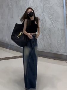 Retro Raw Cut Hem Denim Skirt Women Irregular A-line Skirt Mid Length Umbrella Skirt