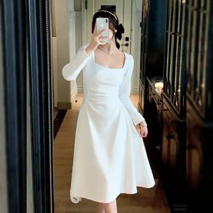 sunday plain long dress for woman casual formal elegant cocktail dress white long sleeve dress plus size fairy trendy fitted korean wedding dress for church civil wedding dress white formal