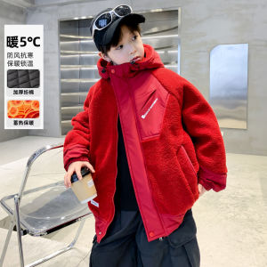 เสื้อแจ็คเก็ตผ้าขนแกะหนาสำหรับเด็กชาย ฤดูใบไม้ร่วง/ฤดูหนาว สีแดง เสื้อคลุมกันหนาวแบบมีฮู้ด ปกติ ปกติ ปกติ
