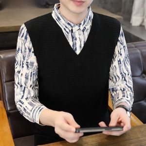 HENGYUANXIANG | Fashionable Knitted Shirt Collar Sweater Fake Two-Piece Base Layer Mens Autumn Winter Trendy Striped Comfortable Fit Long Sleeve