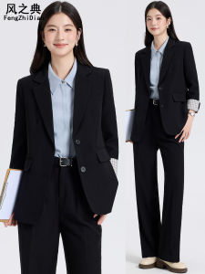 Black Suit Set for Women Autumn Commute Professional Interview Outfit Standard Cut Button Detail Polyester Fiber Long Sleeve