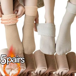 5Pairs Warm Cashmere Socks Women Winter Thicken Fluffy Plush Lining Home Socks Solid Color Knitted Mid-tube Floor Stockings