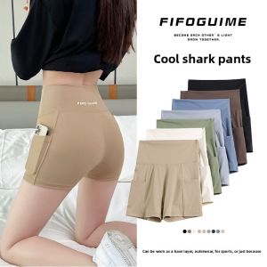 New Womens Summer Outdoor Wear Thin Yoga Shorts Sharkskin Pants High Waist Tummy Control Breathable Nylon Three-quarter Length