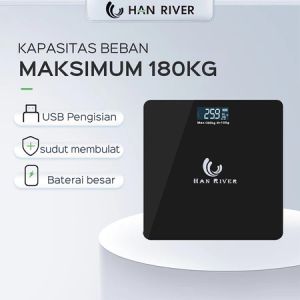 HAN RIVER Timbangan Badan Digital 180 KG USB Charging Anti Pecah Layar LCD 26X26cm