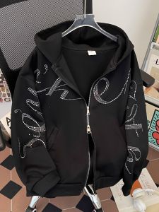 เสื้อสเวตเตอร์มีฮู้ดแบบหลวมๆ สไตล์อเมริกัน สำหรับผู้ชาย ปักตัวอักษรสไตล์หวานและเย็น ซิปเปิด เสื้อแจ็คเก็ตหนาสำหรับฤดูใบไม้ร่วง