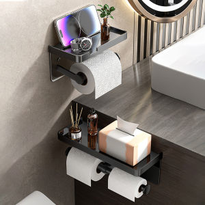 Modern Toilet Paper Holder Aluminium Double Roll Toilet Tissue Holder with Mobile Phone Shelf Storage Organizer for Bathroom