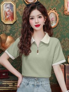 Half Zipper Short Sleeve T-Shirt Womens Summer Thin Small Loose Contrast Color Polo Shirt Fashionable Stylish Anti-Aging Top