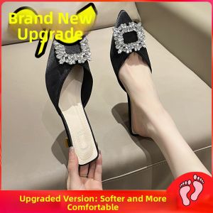 Fashionable Half Slip Sandals Womens Summer 2026 New Outerwear Diamond Buckle Pointed Toe Thin Heel Lazy Mule Slippers