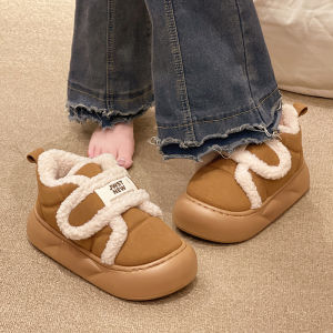 Fleece-Lined Thickened Cotton Slippers for Women Winter Wear Fashion Velcro Interior Home Thick Bottom and Warm Keeping Ankle Wrap Cotton Shoes