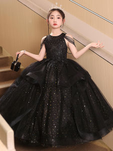Elegant Black Princess Dress Childrens Neck Hanging Performance Outfit Violin Hostess Puffy Tulle Skirt Age 3-13 Girls