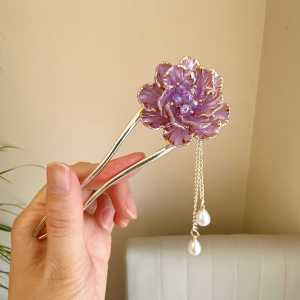 New Chinese Style Peony Flower Hairpin Womens U-Shaped Tassel Disk Hairpin out Fashionable Hair Accessories