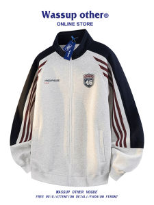 American Retro Sporty Collar Zip-up Striped Stitched Loose Mens Sweatshirt