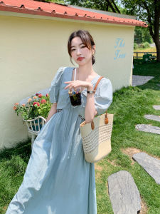French Style Long Dress Womens Summer A-Line Skirt Bubble Sleeve Beautiful Blue Forest System Dandelion Design Sense Sweet Girl