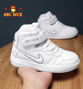White Leather Sports Shoes for Boys And Girls High Top Anti-Slip Running Shoes Breathable Casual Style Childrens Footwear