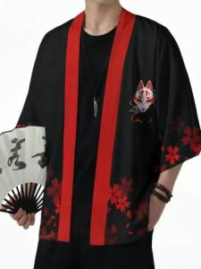 Mùa Hè Mặt Nạ Cáo Nhật Bản & In Hoa Kimono Nam Haori Yukata Truyền Thống Dạo Phố Đen Đỏ 3/4 Tay Áo Áo Khoác Nhẹ