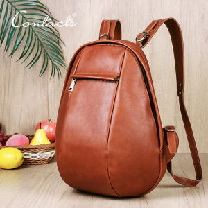 CONTACTS Full Grain Genuine Leather Women Multi Layer Backpack with Curved Design Large Capacity Shoulder Bag