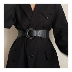Elastic Leather Belt Womens Versatile Black for Suit Dress Coat Waist Seal Decoration Slimming Outerwear Accessory