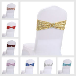 Wedding Banquet Decoration Hotel Chair Covers Elastic Butterfly Knot Back Flower Shiny Sequin Strap Home Decor Tablecloth